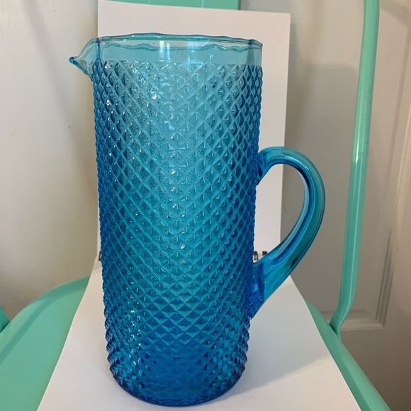 Vintage Handblown Azure Blue Diamond Glass Pitcher - Picture 1 of 6